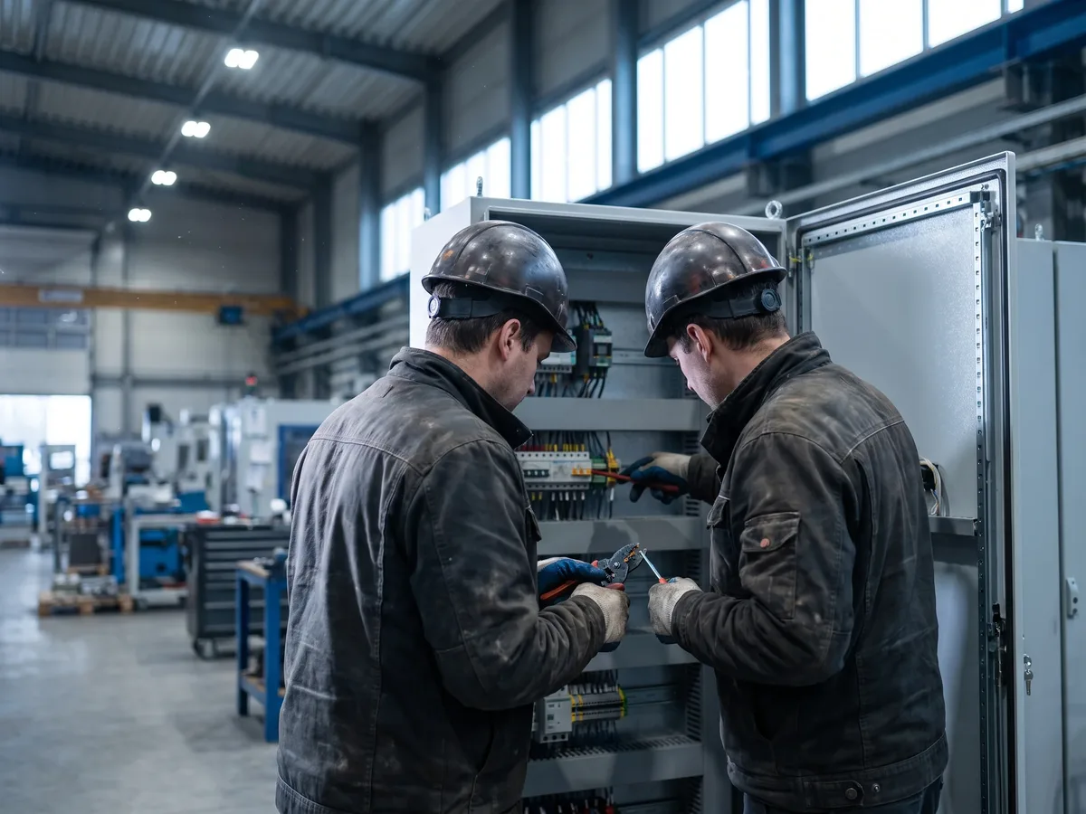 Elektriker von DÜRR verdrahten einen Schaltschrank in der Produktionshalle