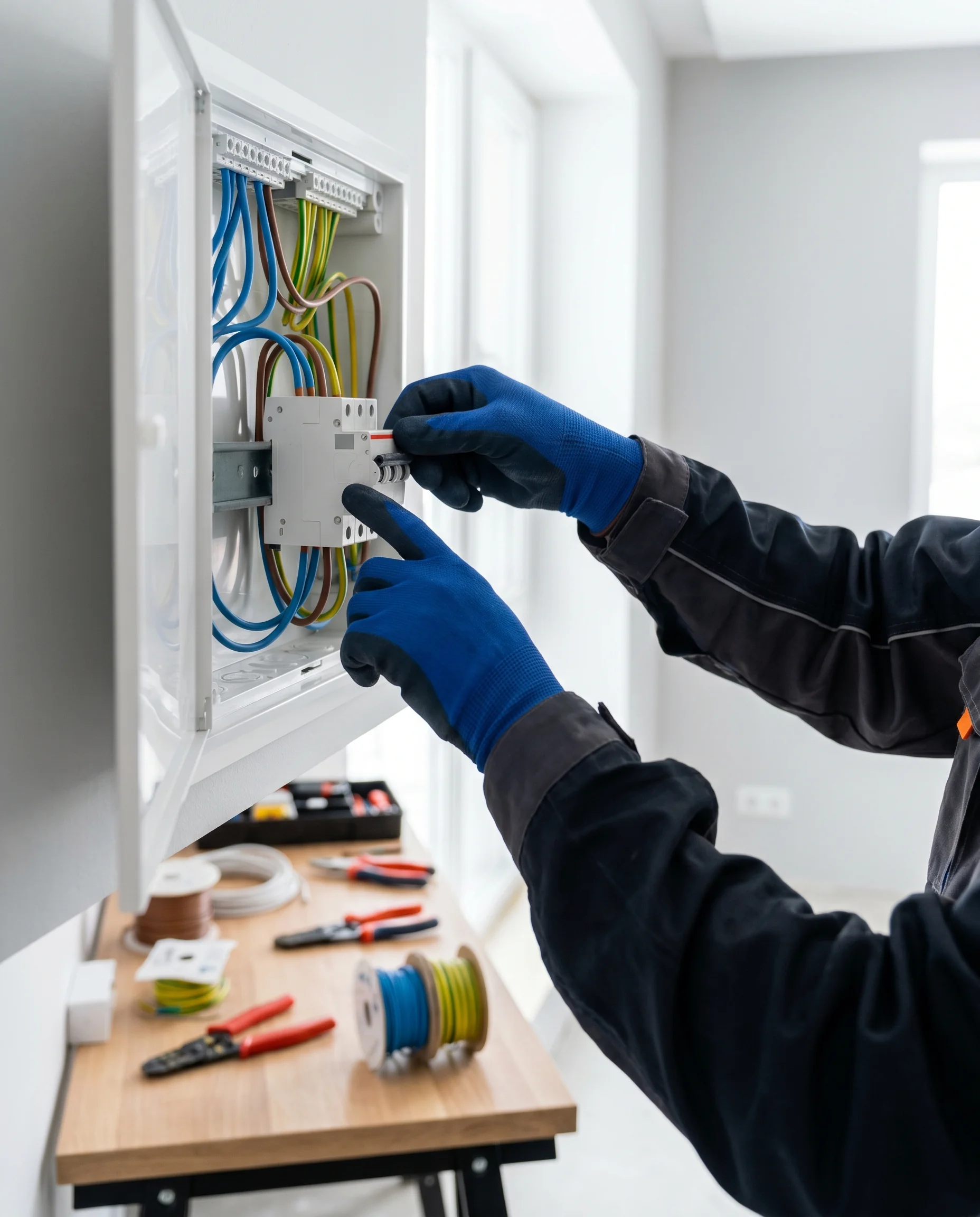 Elektriker von DÜRR verdrahtet einen Verteilerschrank – saubere Elektroinstallation
