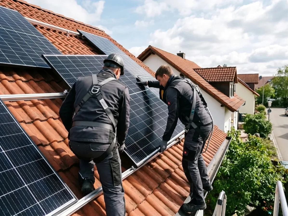Monteure von DÜRR installieren Photovoltaik-Module auf einem Ziegeldach
