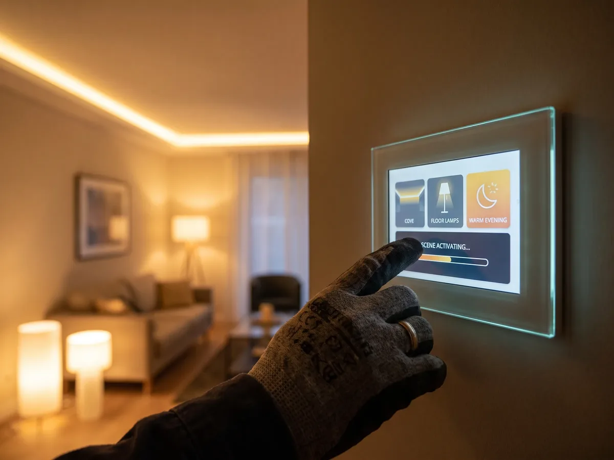 Smart-Home-Panel steuert die Lichtszene im Wohnzimmer – eingerichtet von DÜRR