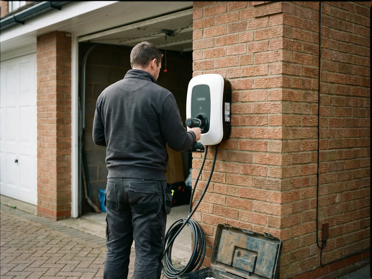 Elektriker von DÜRR montiert eine Wallbox an der Garagenwand